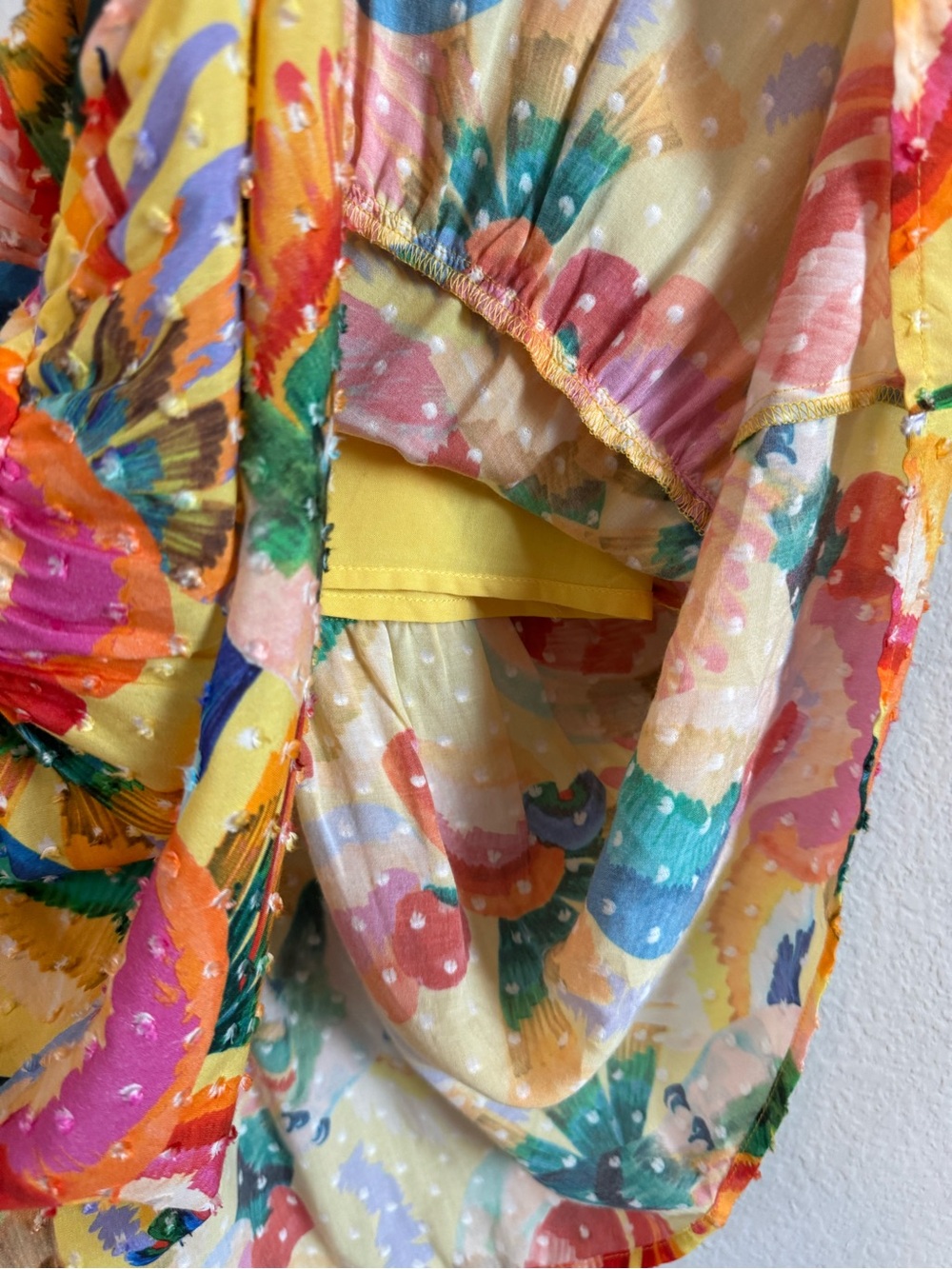 Farm Rio Toucan Yellow Swiss Dot Textured Tropical Tiered Maxi Dress Size Small - Picture 3 of 11